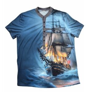 Men's XL Tall Ship Kraken Ocean Storm Graphic Henley Shirt Nautical Pirate Tee
